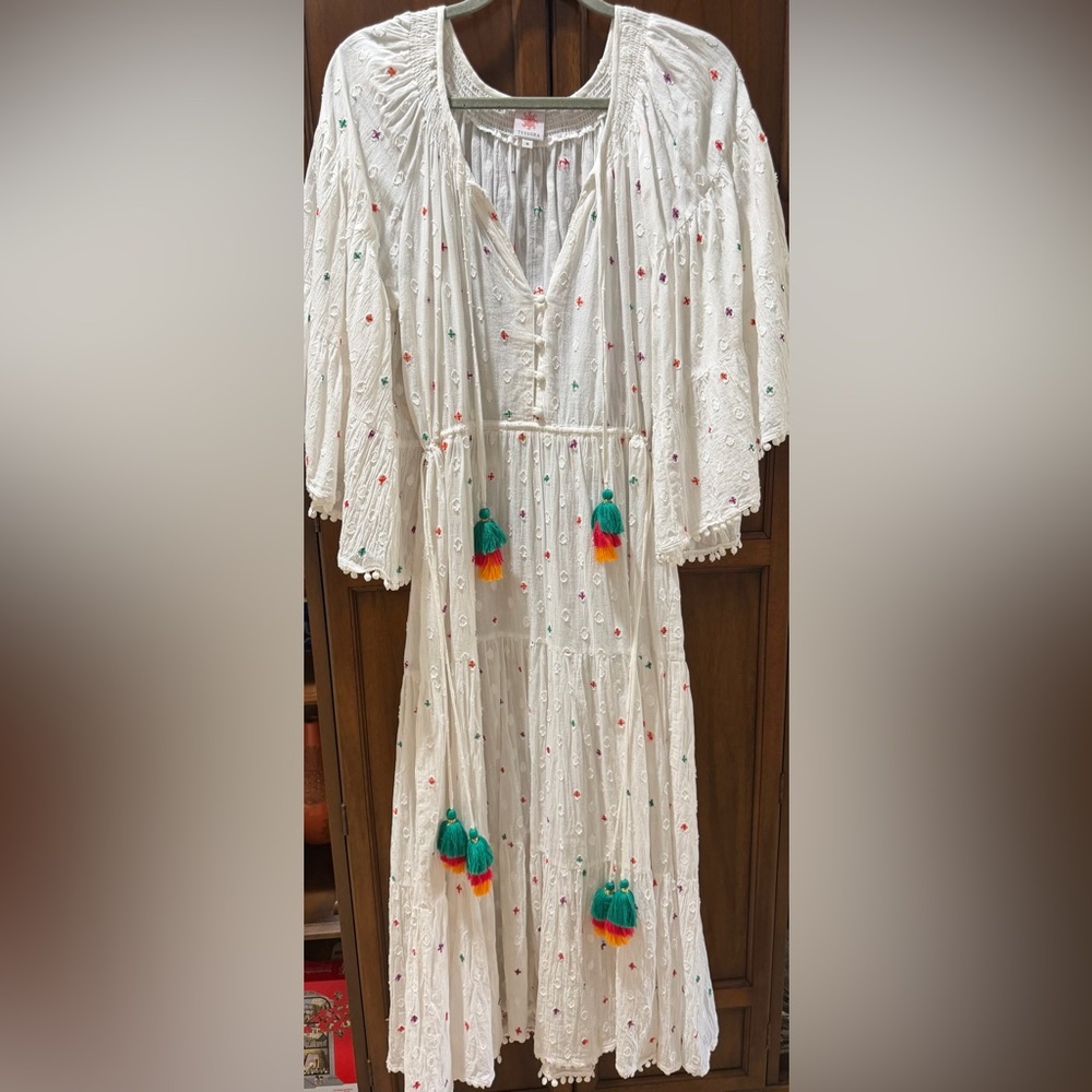 Boho Ivory Embroidered Midi Dress with Multicolor Tassels
